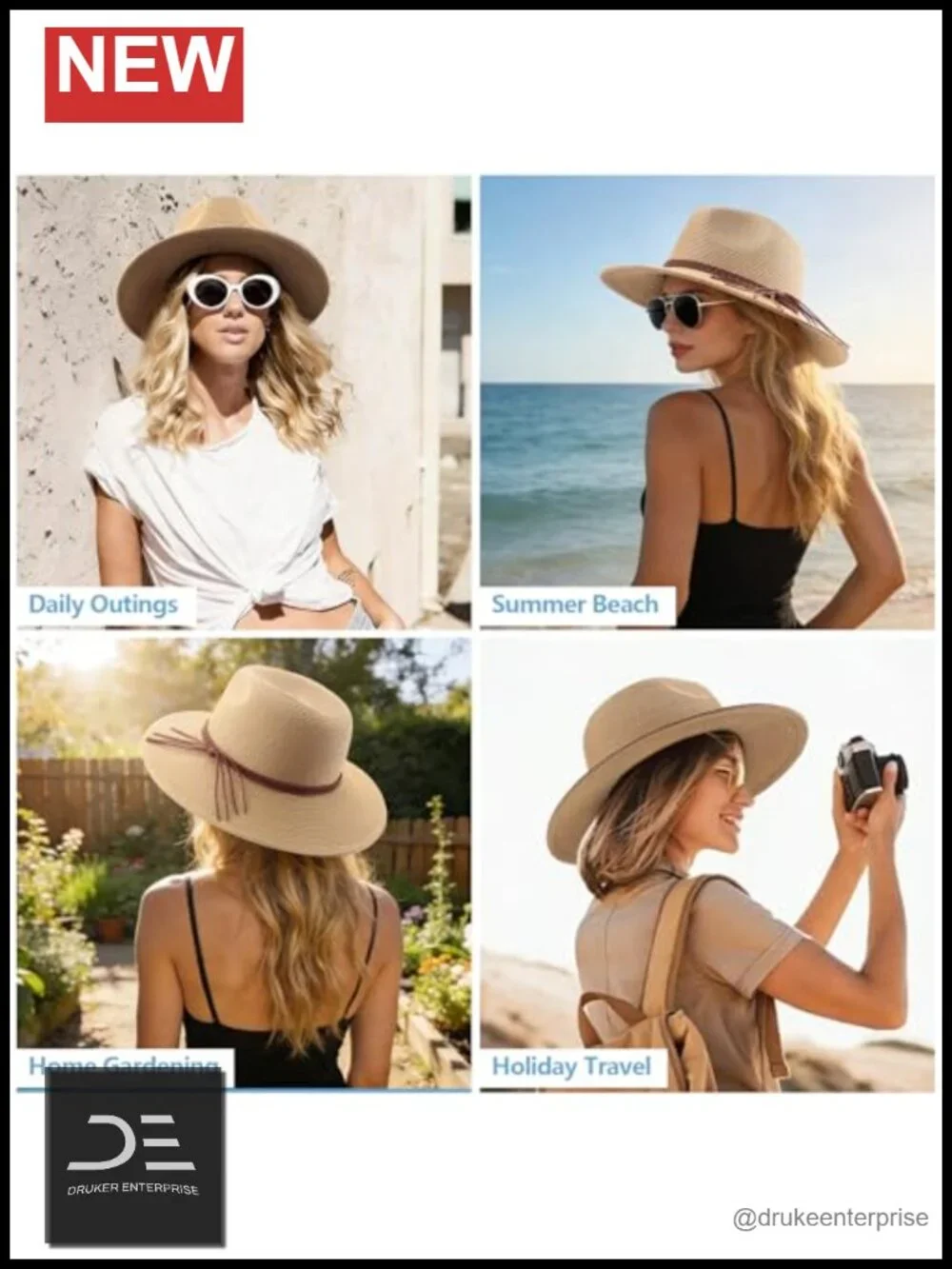 Women's Panama Sun Hat Wide Brim UPF 50+ Paper Straw Roll Up Beach Travel